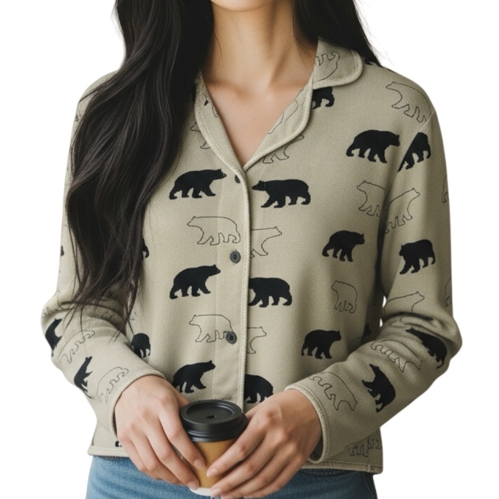 Woolrich Vintage Black Bear Buttoned Cotton Beige Collared Sweatshirt Jacket - Picture 1 of 13